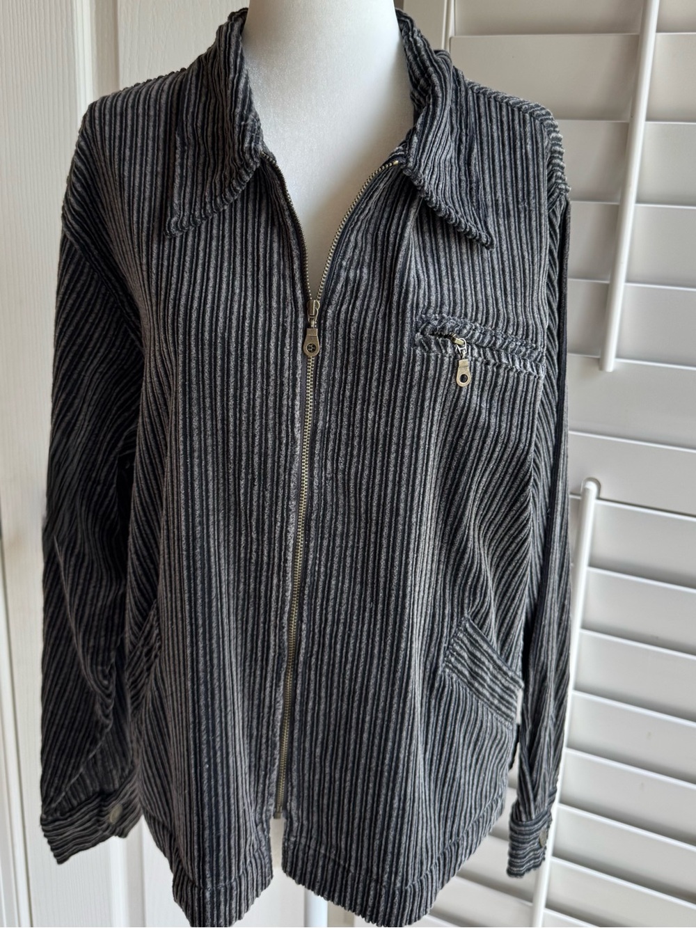 Corduroy Striped Zip-Front Utility Jacket - Black & Gray